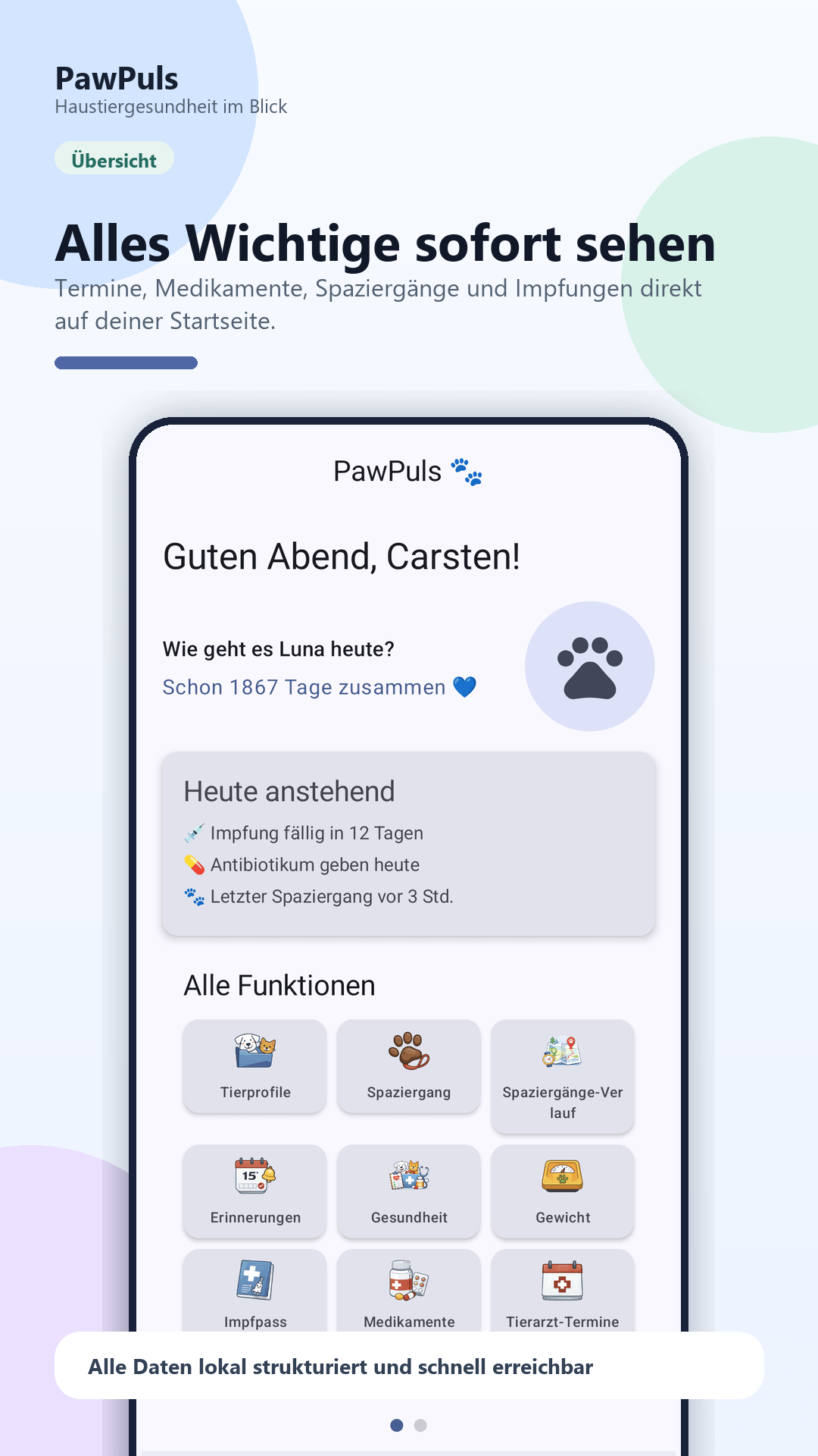 PawPuls-Übersicht mit Tierprofil, anstehenden Aufgaben und Funktionskacheln
